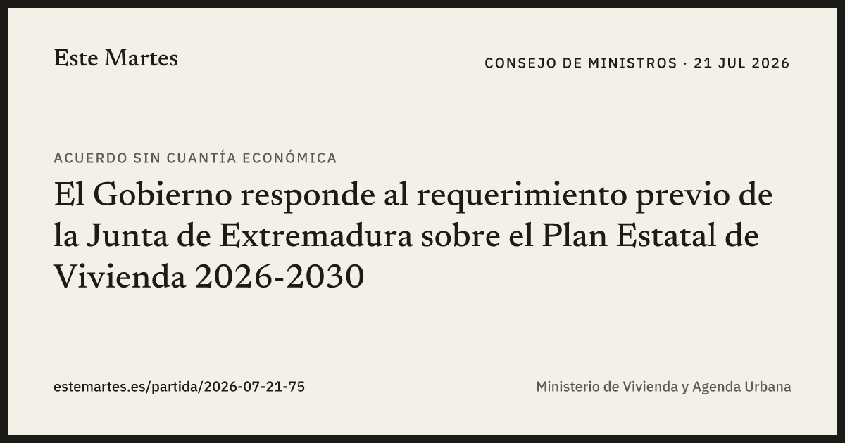 Tarjeta: El Gobierno responde al requerimiento previo de la Junta de Extremadura sobre el Plan Estatal de Vivienda 2026-2030