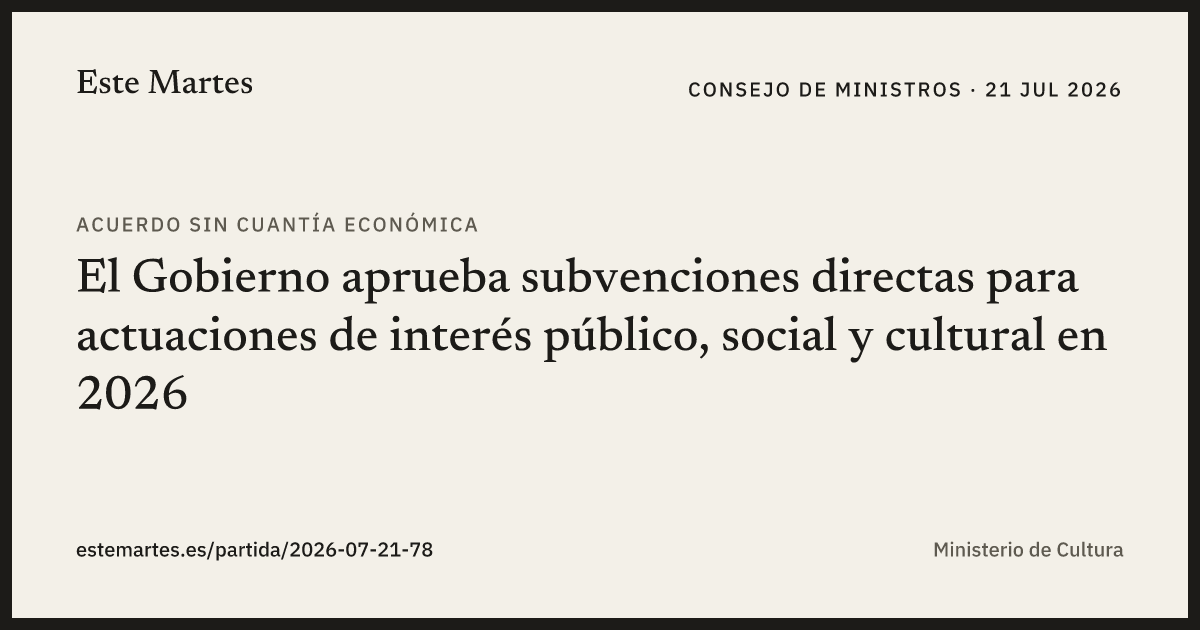 Tarjeta: El Gobierno aprueba subvenciones directas para actuaciones de interés público, social y cultural en 2026