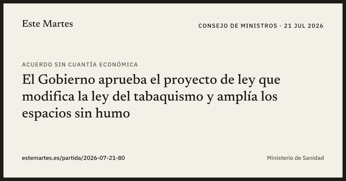 Tarjeta: El Gobierno aprueba el proyecto de ley que modifica la ley del tabaquismo y amplía los espacios sin humo