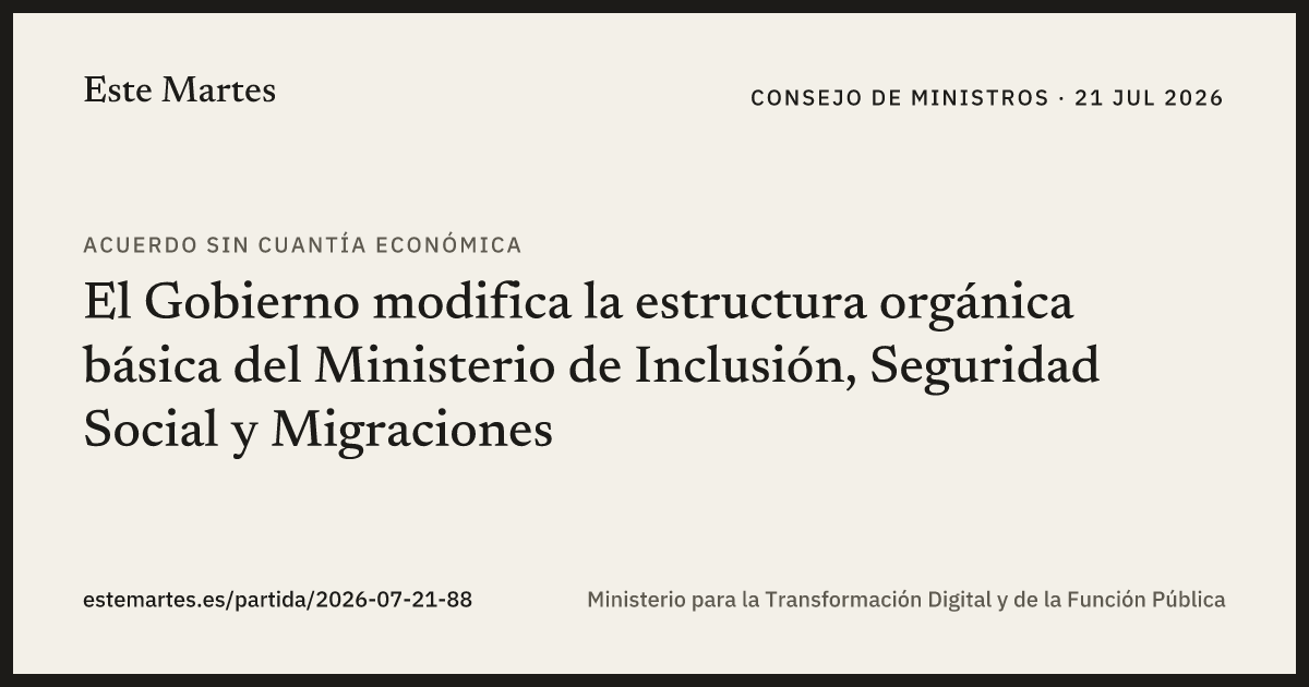 Tarjeta: El Gobierno modifica la estructura orgánica básica del Ministerio de Inclusión, Seguridad Social y Migraciones
