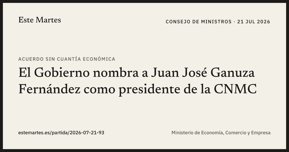 Tarjeta: El Gobierno nombra a Juan José Ganuza Fernández como presidente de la CNMC