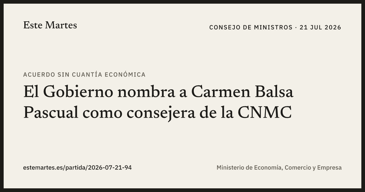 Tarjeta: El Gobierno nombra a Carmen Balsa Pascual como consejera de la CNMC