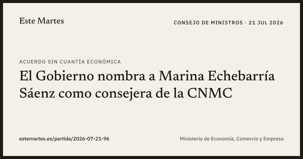 Tarjeta: El Gobierno nombra a Marina Echebarría Sáenz como consejera de la CNMC