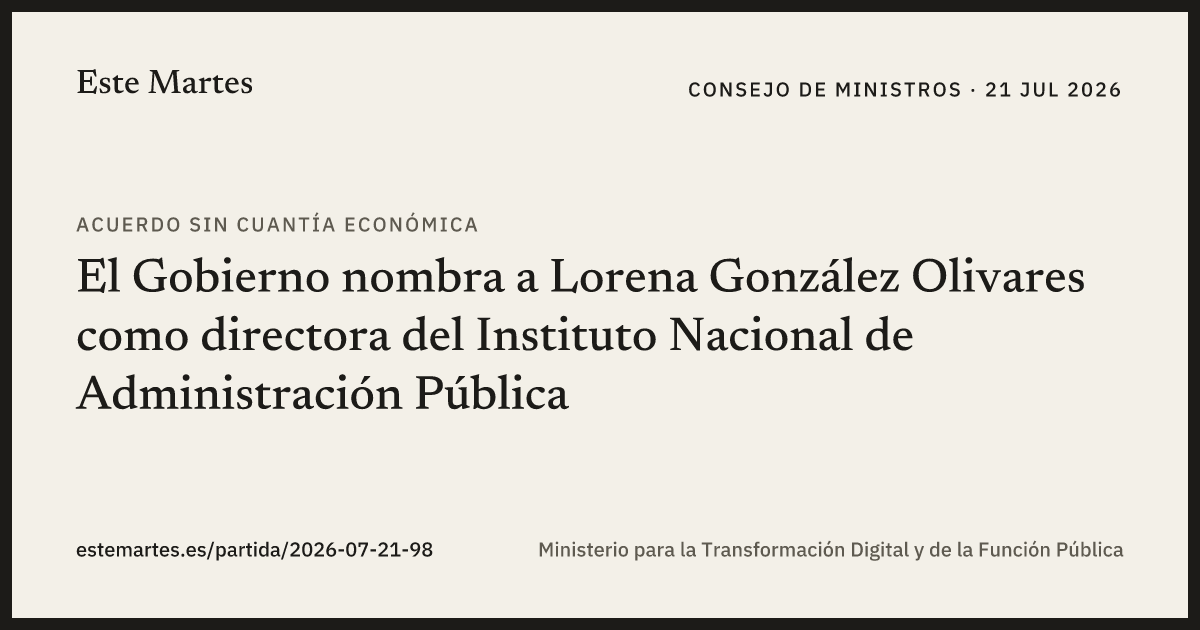 Tarjeta: El Gobierno nombra a Lorena González Olivares como directora del Instituto Nacional de Administración Pública