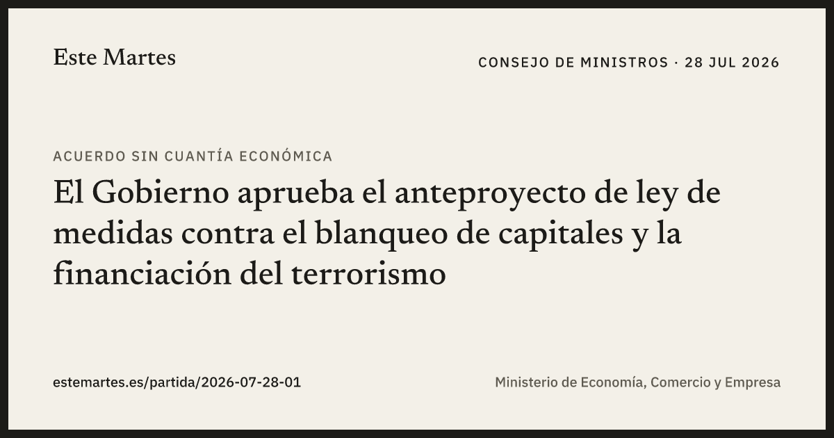 Tarjeta: El Gobierno aprueba el anteproyecto de ley de medidas contra el blanqueo de capitales y la financiación del terrorismo