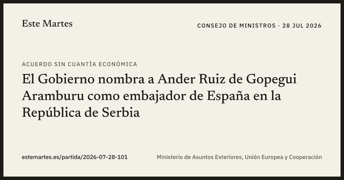 Tarjeta: El Gobierno nombra a Ander Ruiz de Gopegui Aramburu como embajador de España en la República de Serbia