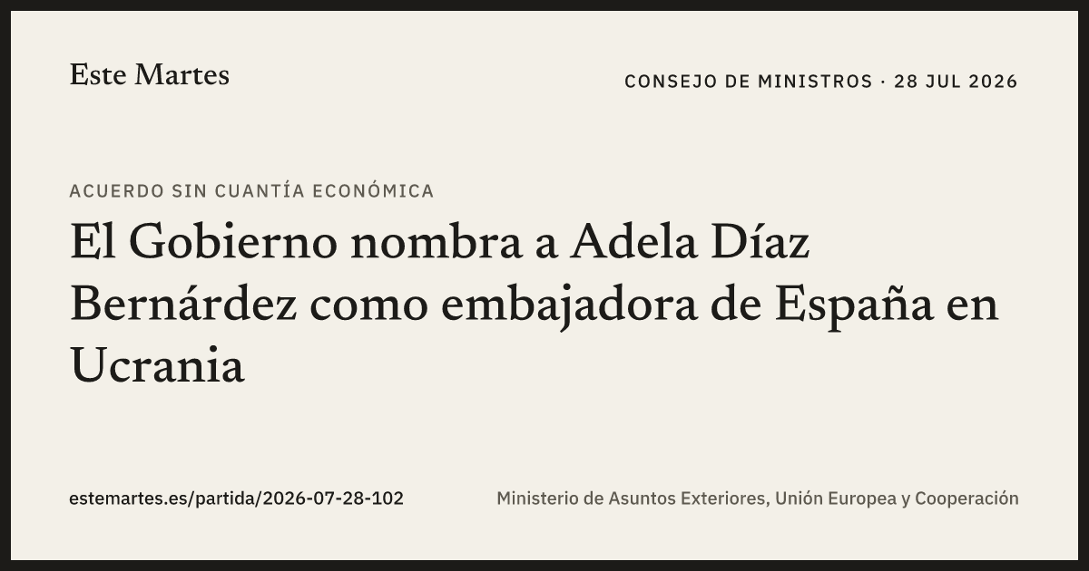 Tarjeta: El Gobierno nombra a Adela Díaz Bernárdez como embajadora de España en Ucrania