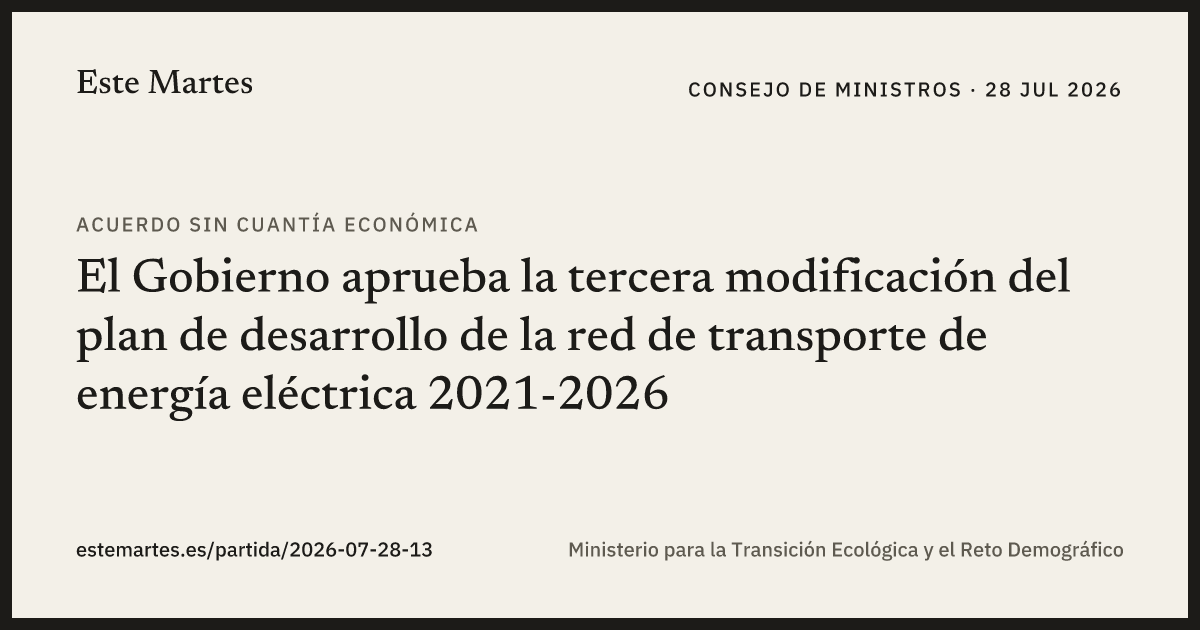 Tarjeta: El Gobierno aprueba la tercera modificación del plan de desarrollo de la red de transporte de energía eléctrica 2021-2026