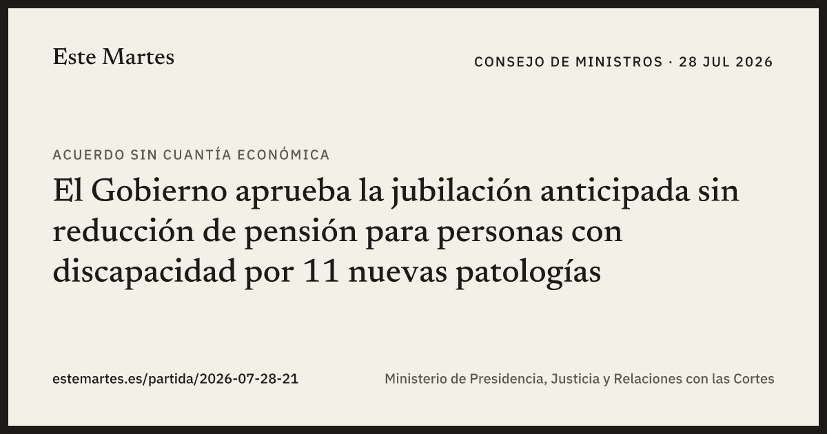 Tarjeta: El Gobierno aprueba la jubilación anticipada sin reducción de pensión para personas con discapacidad por 11 nuevas patologías