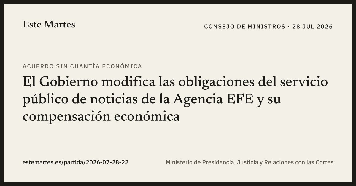 Tarjeta: El Gobierno modifica las obligaciones del servicio público de noticias de la Agencia EFE y su compensación económica