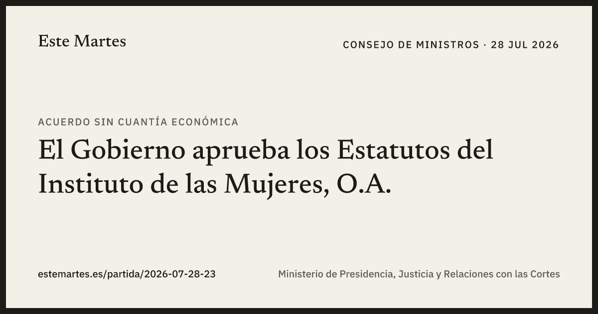 Tarjeta: El Gobierno aprueba los Estatutos del Instituto de las Mujeres, O.A.