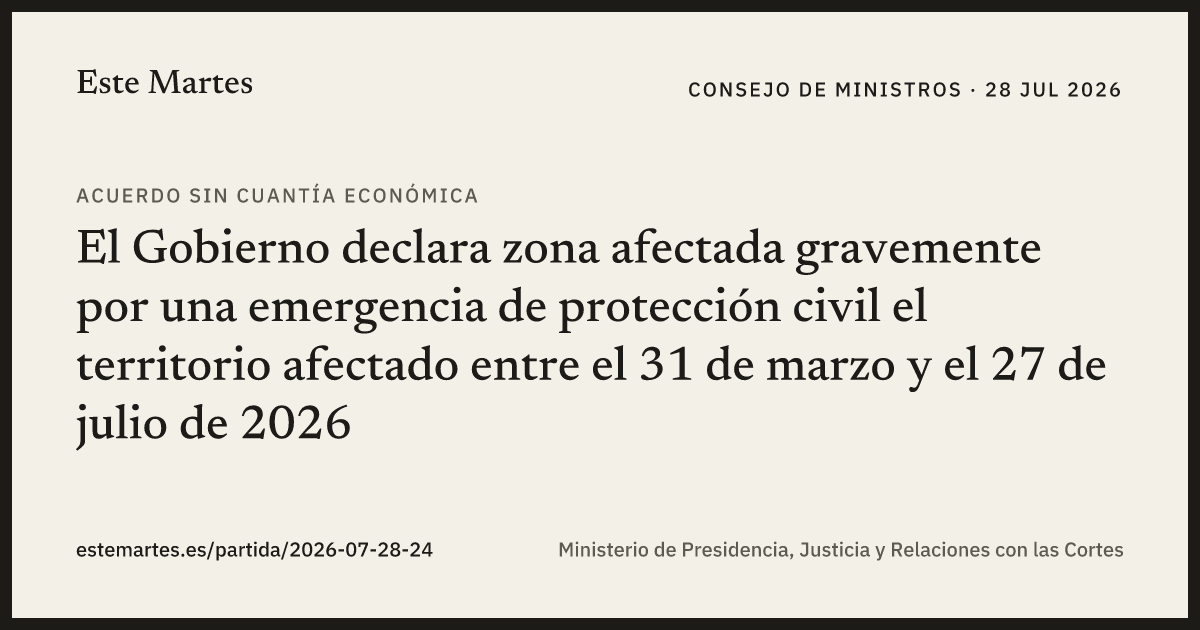 Tarjeta: El Gobierno declara zona afectada gravemente por una emergencia de protección civil el territorio afectado entre el 31 de marzo y el 27 de julio de 2026