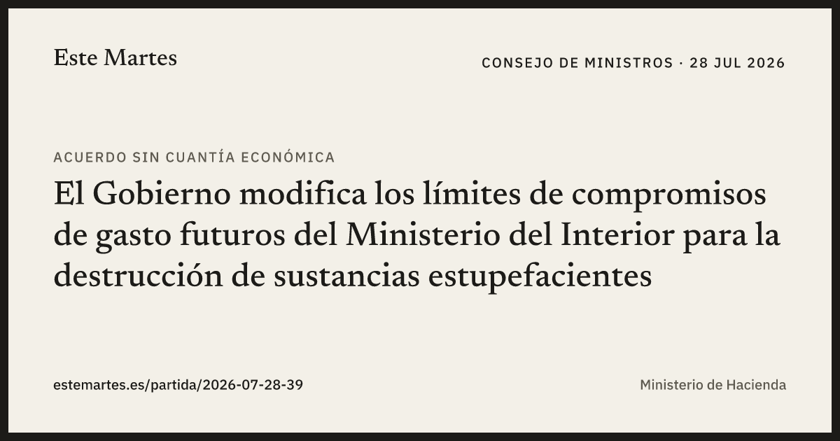 Tarjeta: El Gobierno modifica los límites de compromisos de gasto futuros del Ministerio del Interior para la destrucción de sustancias estupefacientes