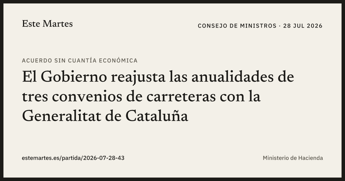 Tarjeta: El Gobierno reajusta las anualidades de tres convenios de carreteras con la Generalitat de Cataluña