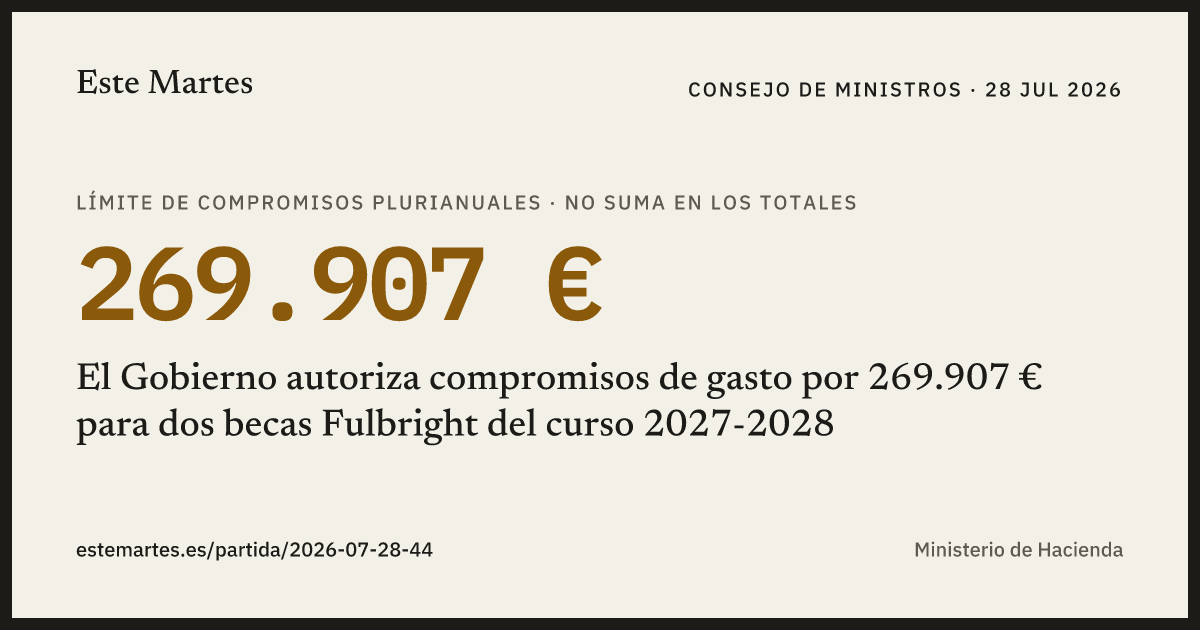 Tarjeta: El Gobierno autoriza compromisos de gasto por 269.907 € para dos becas Fulbright del curso 2027-2028