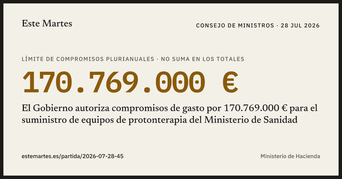 Tarjeta: El Gobierno autoriza compromisos de gasto por 170.769.000 € para el suministro de equipos de protonterapia del Ministerio de Sanidad