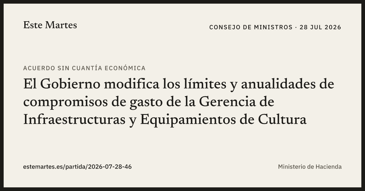 Tarjeta: El Gobierno modifica los límites y anualidades de compromisos de gasto de la Gerencia de Infraestructuras y Equipamientos de Cultura