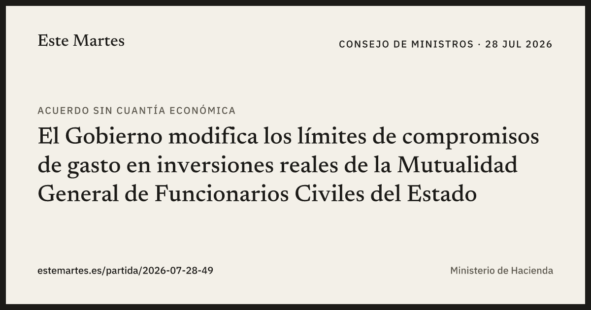 Tarjeta: El Gobierno modifica los límites de compromisos de gasto en inversiones reales de la Mutualidad General de Funcionarios Civiles del Estado