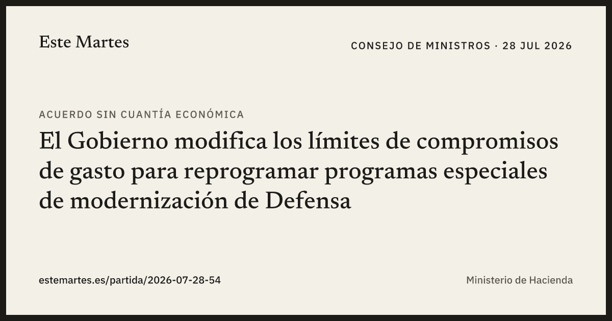 Tarjeta: El Gobierno modifica los límites de compromisos de gasto para reprogramar programas especiales de modernización de Defensa
