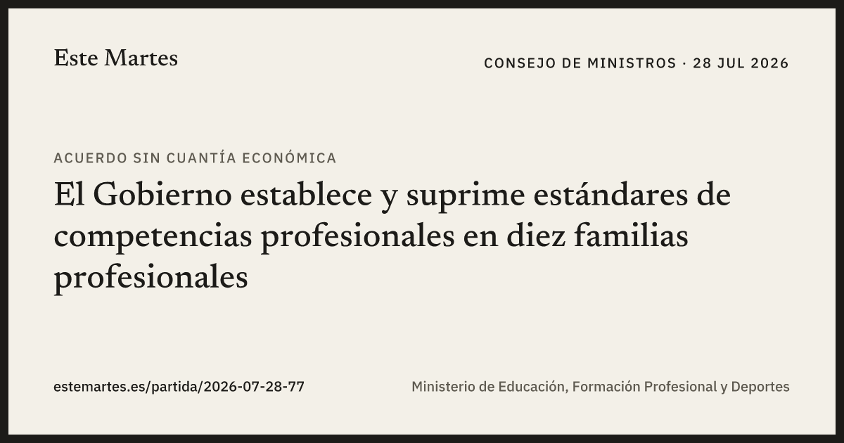 Tarjeta: El Gobierno establece y suprime estándares de competencias profesionales en diez familias profesionales