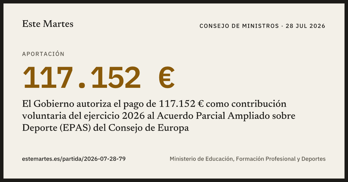 Tarjeta: El Gobierno autoriza el pago de 117.152 € como contribución voluntaria del ejercicio 2026 al Acuerdo Parcial Ampliado sobre Deporte (EPAS) del Consejo de Europa