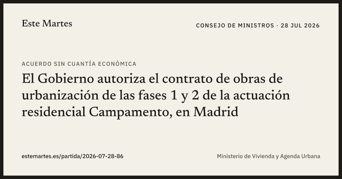 Tarjeta: El Gobierno autoriza el contrato de obras de urbanización de las fases 1 y 2 de la actuación residencial Campamento, en Madrid