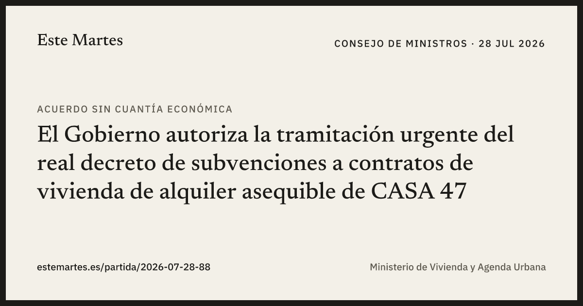 Tarjeta: El Gobierno autoriza la tramitación urgente del real decreto de subvenciones a contratos de vivienda de alquiler asequible de CASA 47