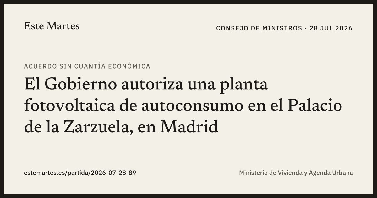 Tarjeta: El Gobierno autoriza una planta fotovoltaica de autoconsumo en el Palacio de la Zarzuela, en Madrid
