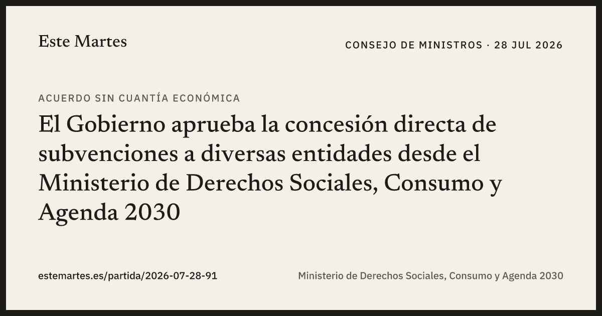 Tarjeta: El Gobierno aprueba la concesión directa de subvenciones a diversas entidades desde el Ministerio de Derechos Sociales, Consumo y Agenda 2030