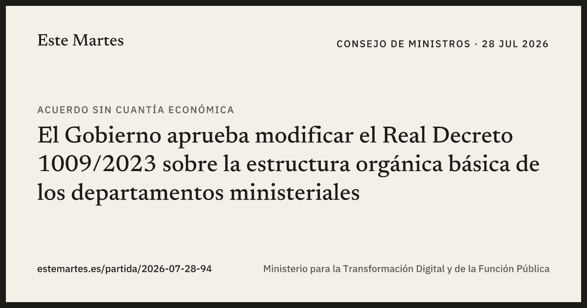Tarjeta: El Gobierno aprueba modificar el Real Decreto 1009/2023 sobre la estructura orgánica básica de los departamentos ministeriales