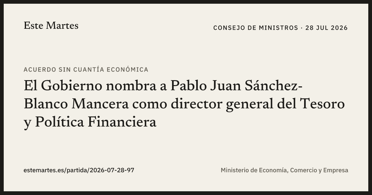 Tarjeta: El Gobierno nombra a Pablo Juan Sánchez-Blanco Mancera como director general del Tesoro y Política Financiera