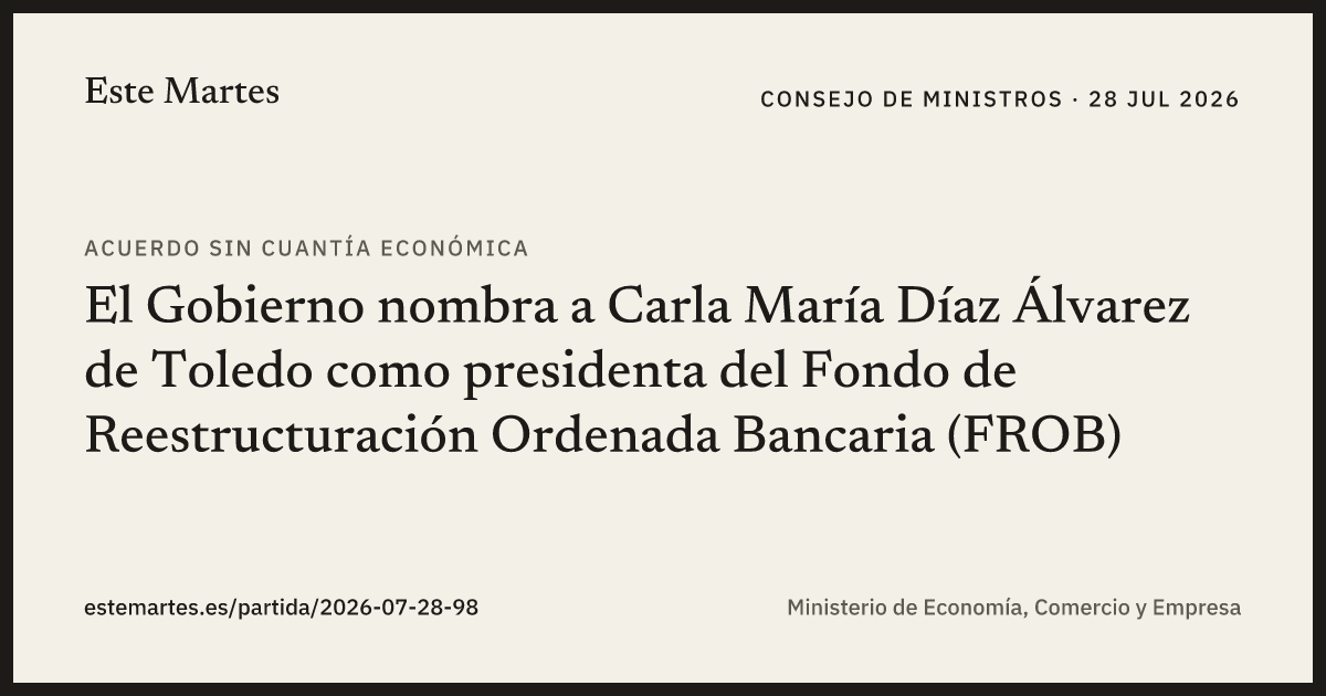 Tarjeta: El Gobierno nombra a Carla María Díaz Álvarez de Toledo como presidenta del Fondo de Reestructuración Ordenada Bancaria (FROB)