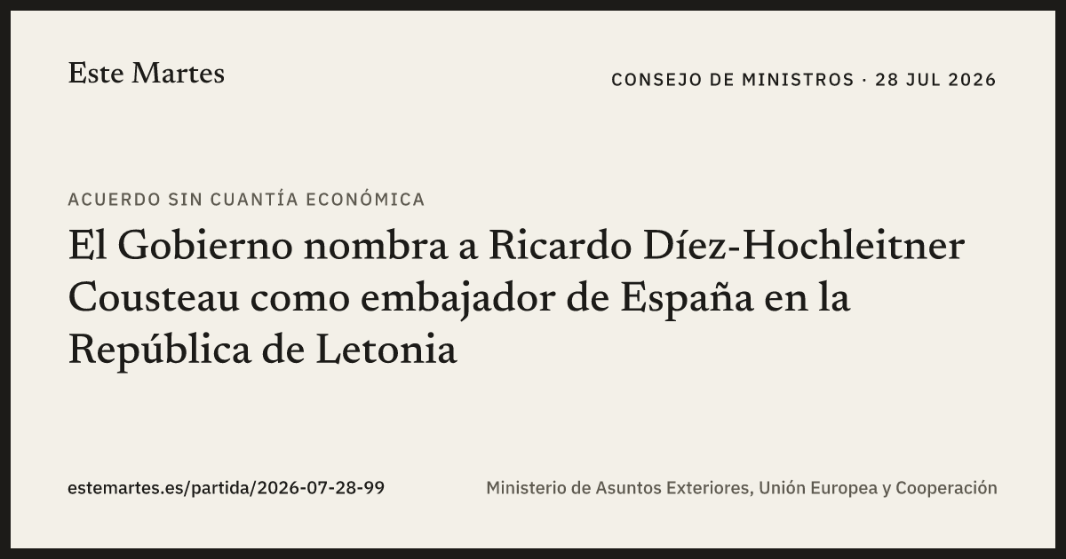 Tarjeta: El Gobierno nombra a Ricardo Díez-Hochleitner Cousteau como embajador de España en la República de Letonia