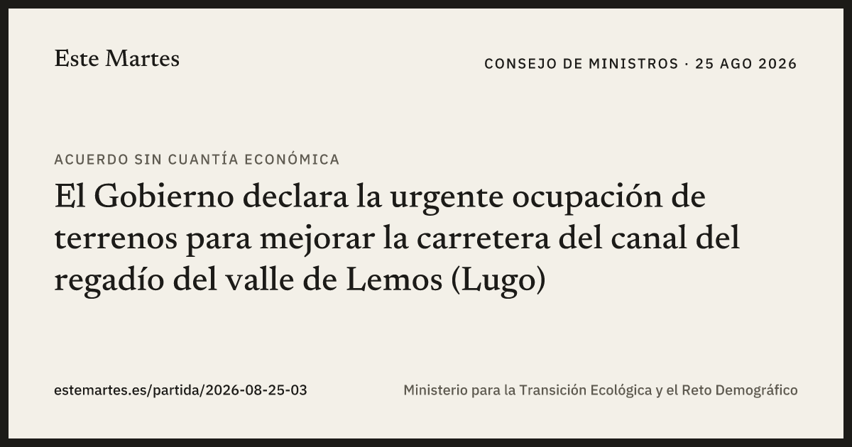 Tarjeta: El Gobierno declara la urgente ocupación de terrenos para mejorar la carretera del canal del regadío del valle de Lemos (Lugo)