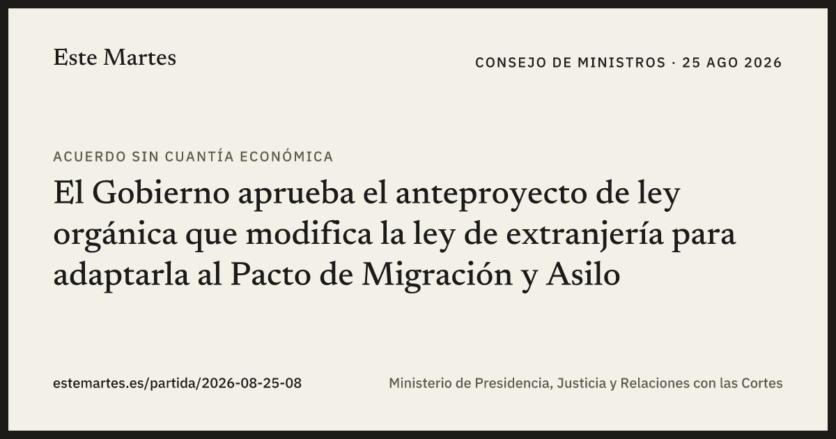 Tarjeta: El Gobierno aprueba el anteproyecto de ley orgánica que modifica la ley de extranjería para adaptarla al Pacto de Migración y Asilo