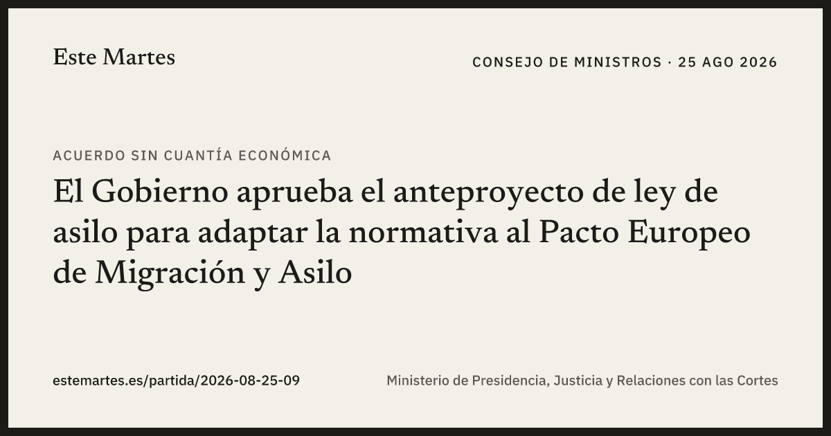Tarjeta: El Gobierno aprueba el anteproyecto de ley de asilo para adaptar la normativa al Pacto Europeo de Migración y Asilo