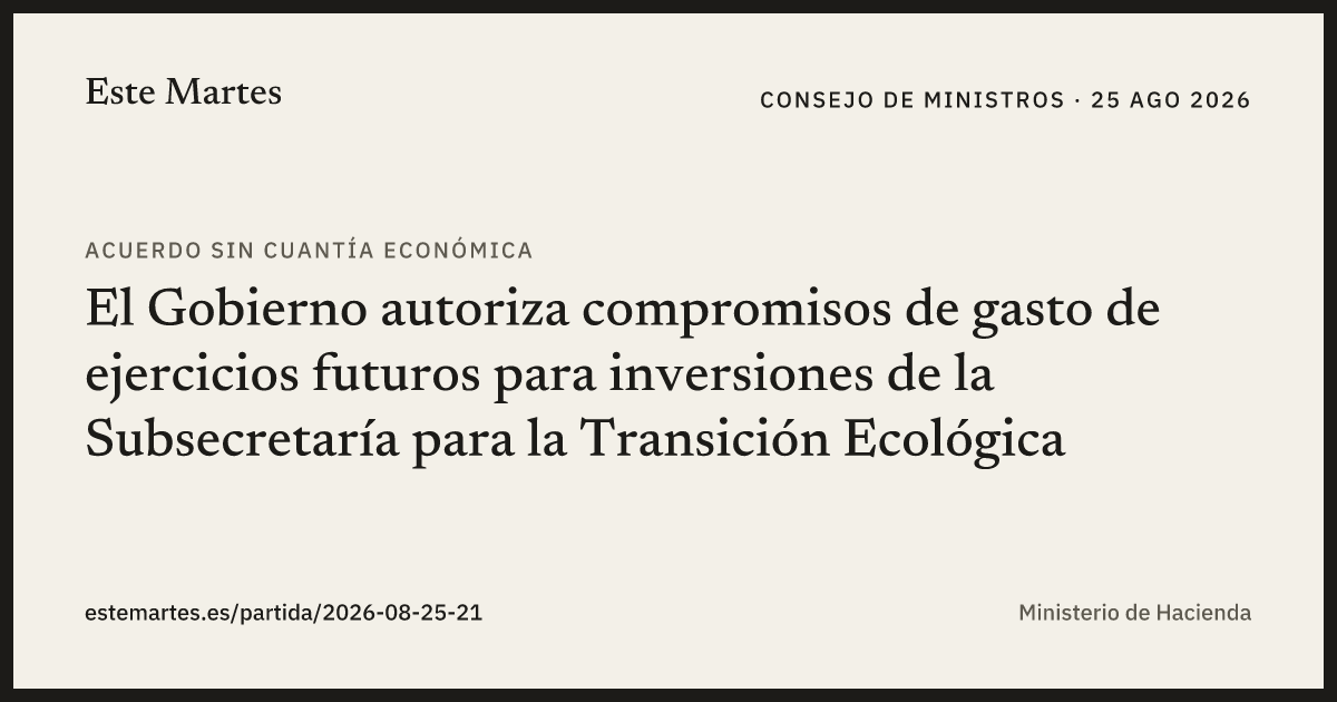 Tarjeta: El Gobierno autoriza compromisos de gasto de ejercicios futuros para inversiones de la Subsecretaría para la Transición Ecológica