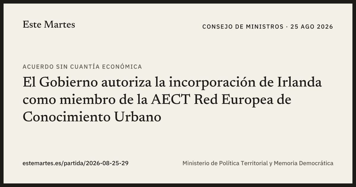Tarjeta: El Gobierno autoriza la incorporación de Irlanda como miembro de la AECT Red Europea de Conocimiento Urbano