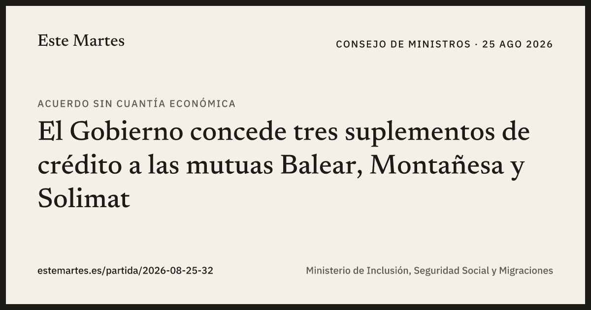 Tarjeta: El Gobierno concede tres suplementos de crédito a las mutuas Balear, Montañesa y Solimat