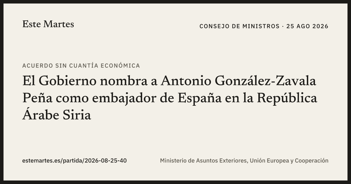 Tarjeta: El Gobierno nombra a Antonio González-Zavala Peña como embajador de España en la República Árabe Siria