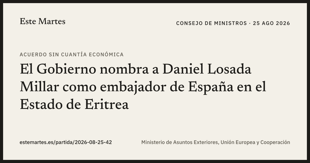 Tarjeta: El Gobierno nombra a Daniel Losada Millar como embajador de España en el Estado de Eritrea