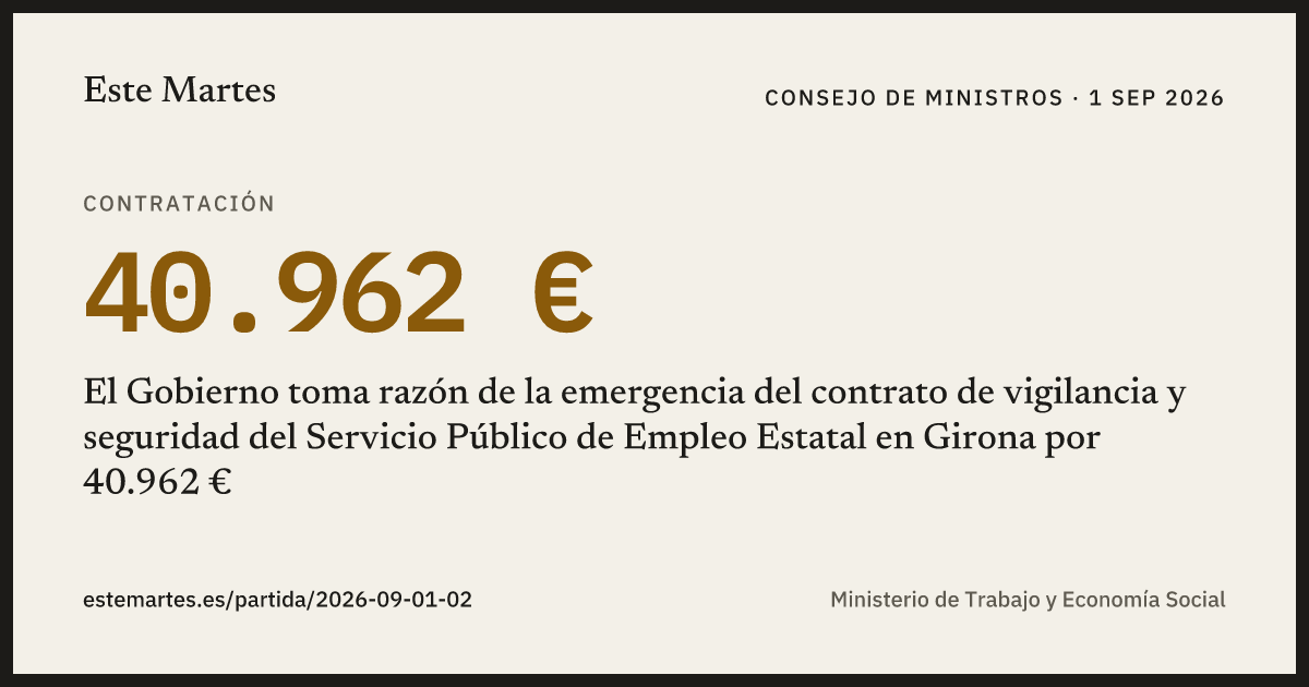 Tarjeta: El Gobierno toma razón de la emergencia del contrato de vigilancia y seguridad del Servicio Público de Empleo Estatal en Girona por 40.962 €