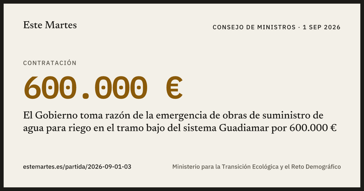 Tarjeta: El Gobierno toma razón de la emergencia de obras de suministro de agua para riego en el tramo bajo del sistema Guadiamar por 600.000 €