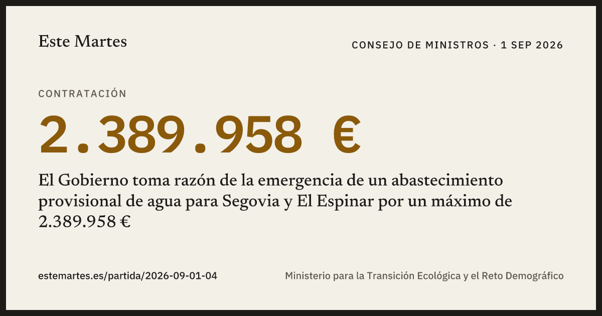 Tarjeta: El Gobierno toma razón de la emergencia de un abastecimiento provisional de agua para Segovia y El Espinar por un máximo de 2.389.958 €