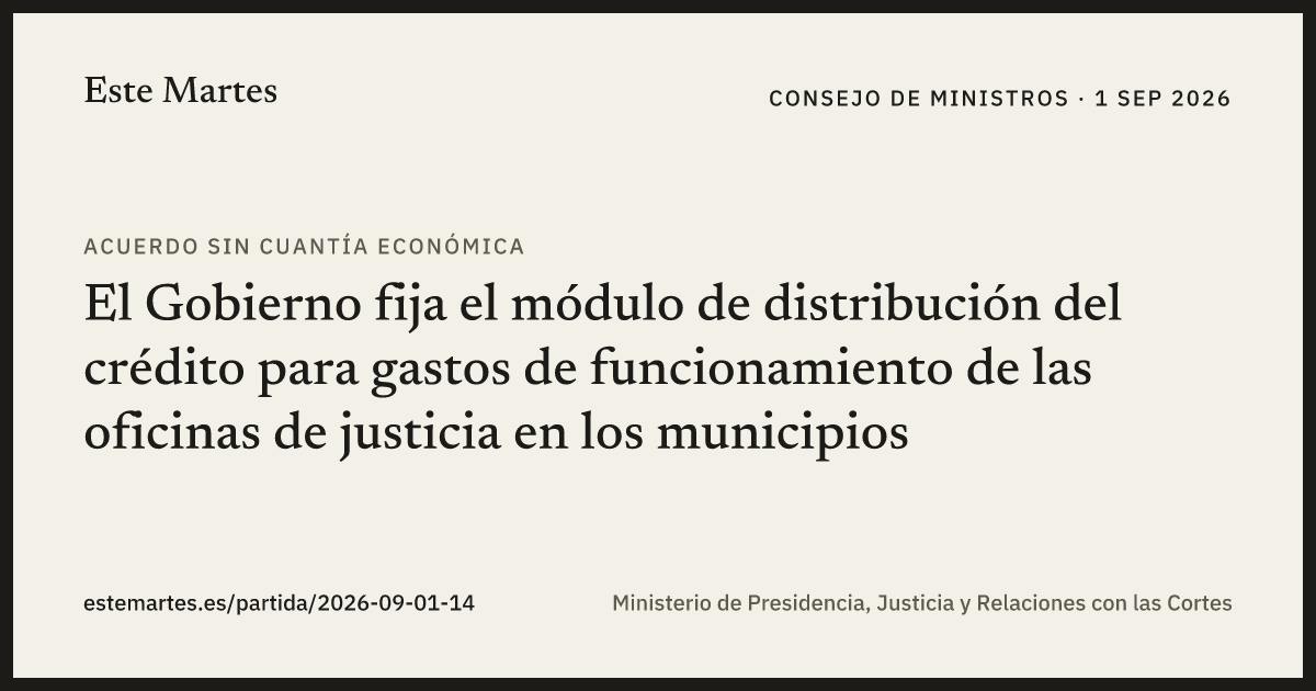 Tarjeta: El Gobierno fija el módulo de distribución del crédito para gastos de funcionamiento de las oficinas de justicia en los municipios