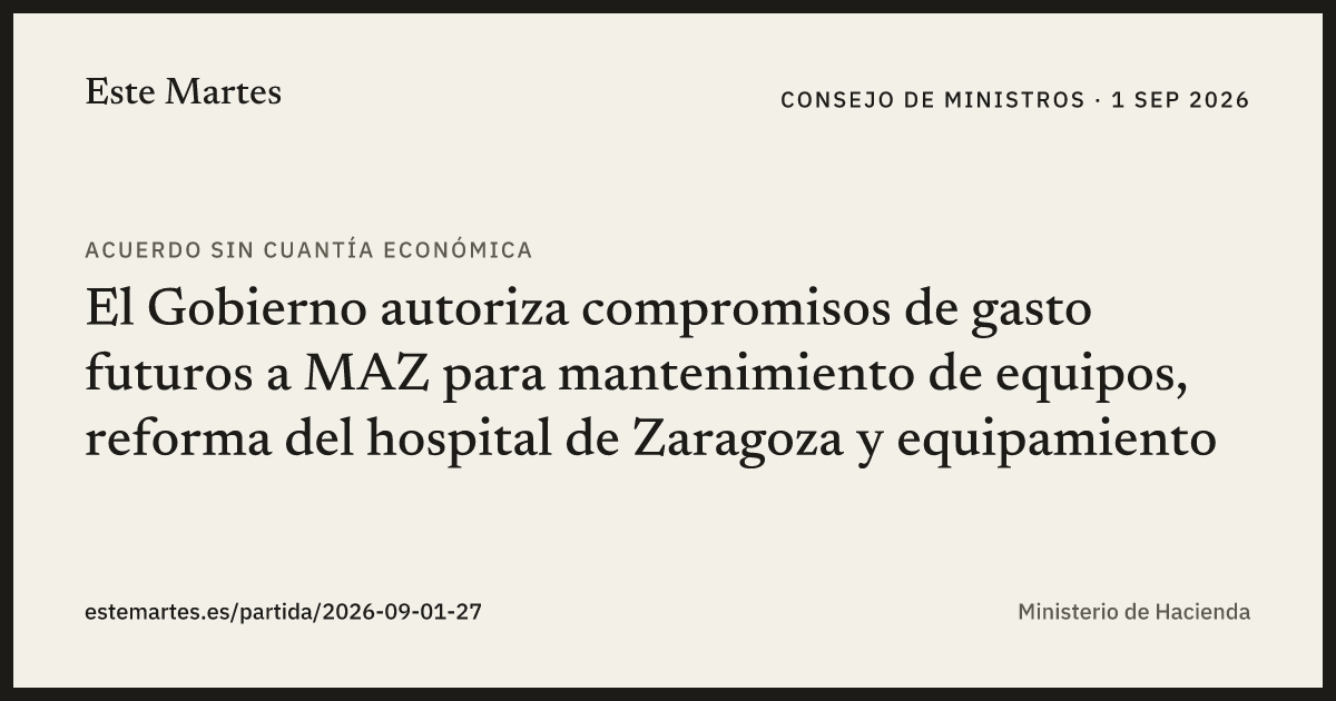 Tarjeta: El Gobierno autoriza compromisos de gasto futuros a MAZ para mantenimiento de equipos, reforma del hospital de Zaragoza y equipamiento