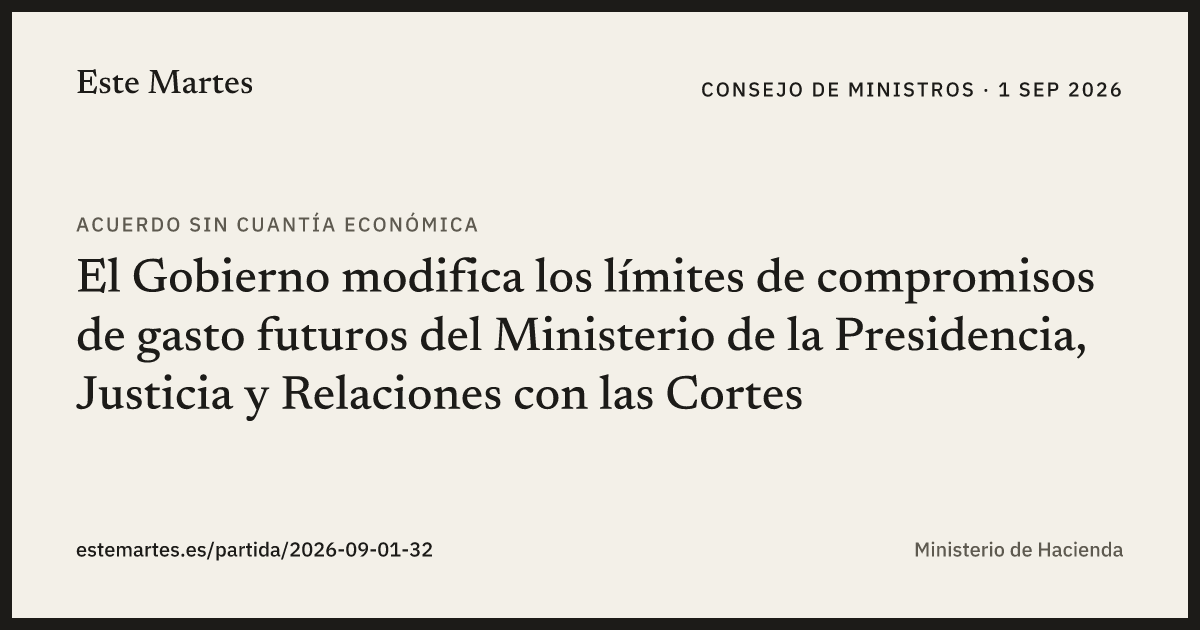 Tarjeta: El Gobierno modifica los límites de compromisos de gasto futuros del Ministerio de la Presidencia, Justicia y Relaciones con las Cortes