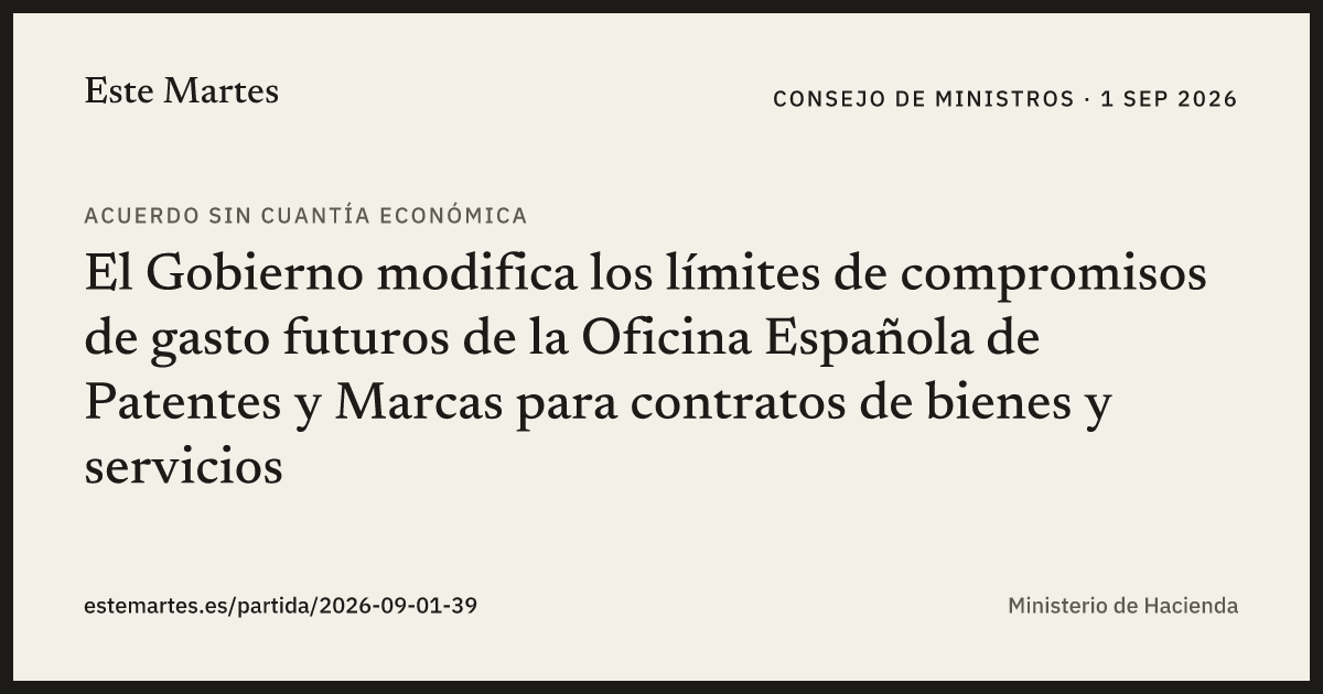 Tarjeta: El Gobierno modifica los límites de compromisos de gasto futuros de la Oficina Española de Patentes y Marcas para contratos de bienes y servicios