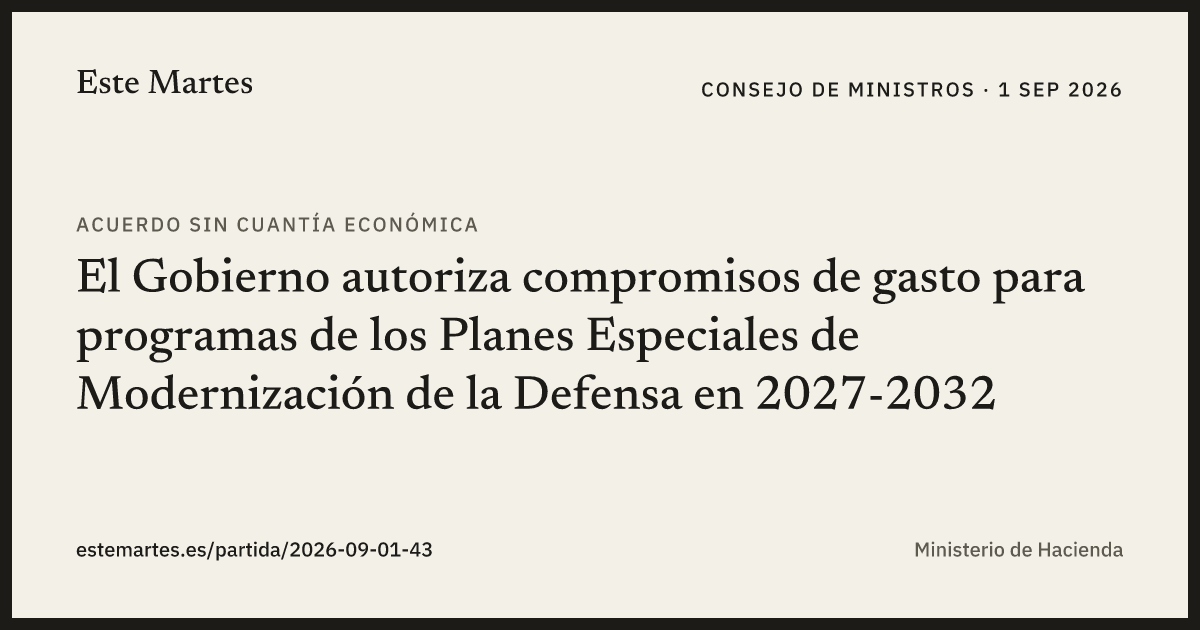 Tarjeta: El Gobierno autoriza compromisos de gasto para programas de los Planes Especiales de Modernización de la Defensa en 2027-2032