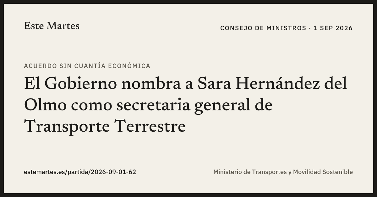 Tarjeta: El Gobierno nombra a Sara Hernández del Olmo como secretaria general de Transporte Terrestre